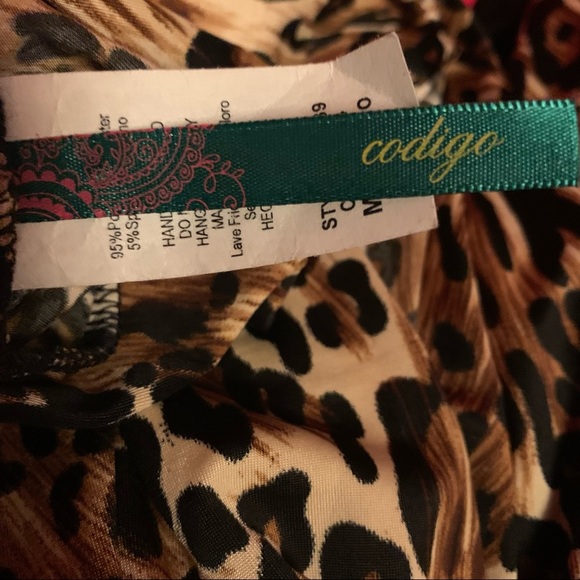 Codigo Brown leopard cheetah animal print longsleeve deep-V bodysuit size medium - Picture 12 of 13